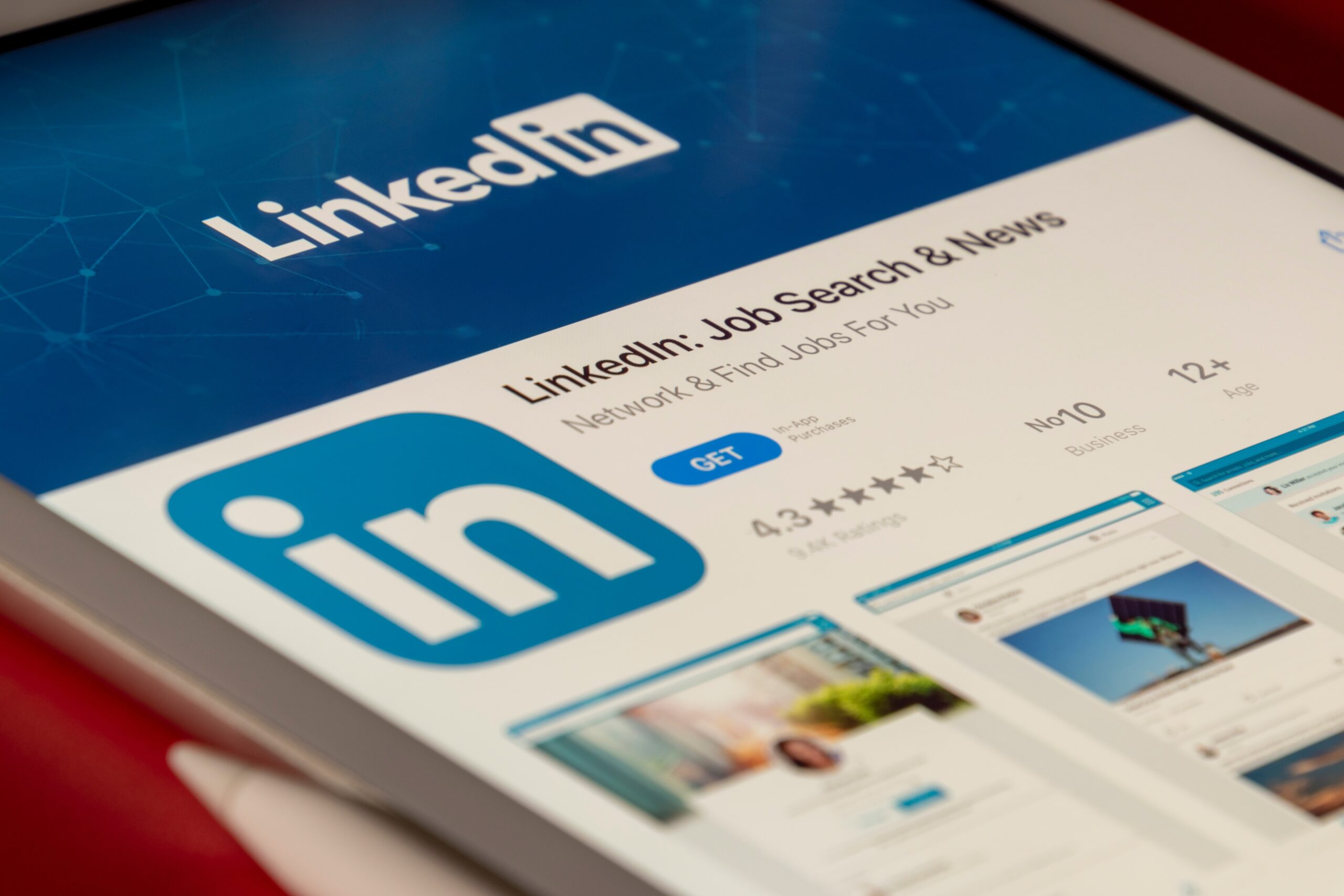 LinkedIn social media app displayed on a tablet